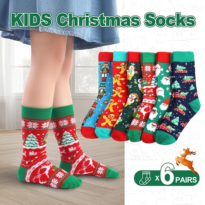 6 Pack Christmas Socks for Boys Girls + Gift Box, Kids Novelty Xmas Crew Stocking