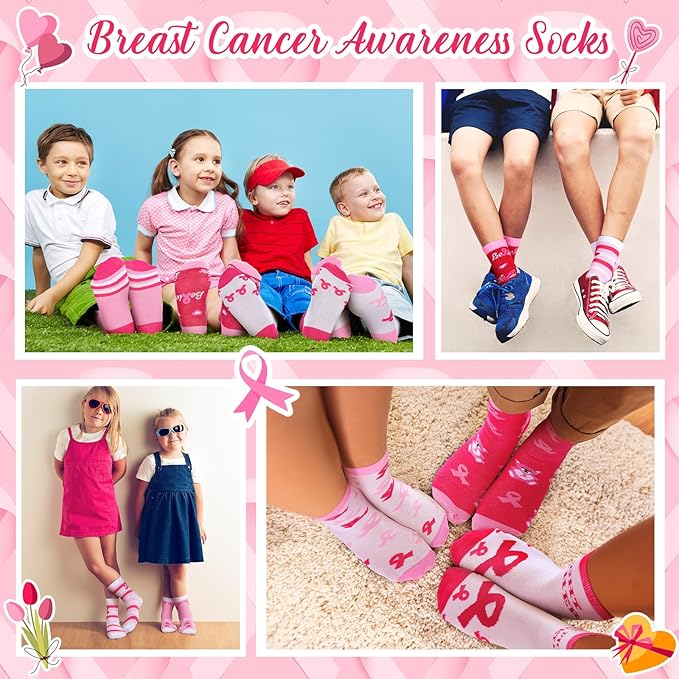 Shinymoon 12 Pairs Kids Breast Cancer Awareness Socks Pink Ribbon Crew Socks for Children Boys Girls Novelty Crazy Gifts