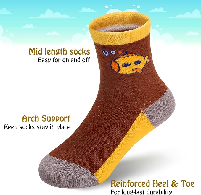 Padgene 10 Pairs Kids Boys Fun Novelty Socks Toddler None Slip Cotton Crew Dress Socks Cartoon Dinosaur Car Shark Stripes