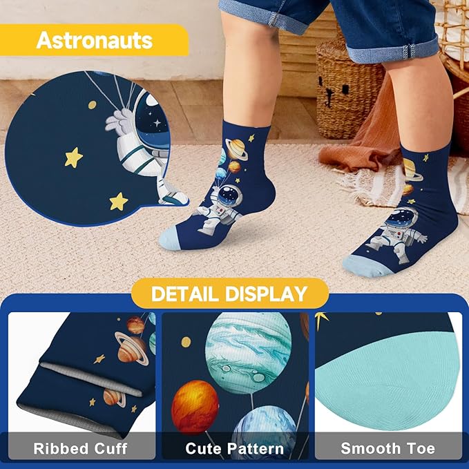 Queenshin Space Boys Socks 2-11 Years Old Crew 6 Pairs Sock for Kids Cartoon Fun Cute Novelty Birthday Christmas Gift