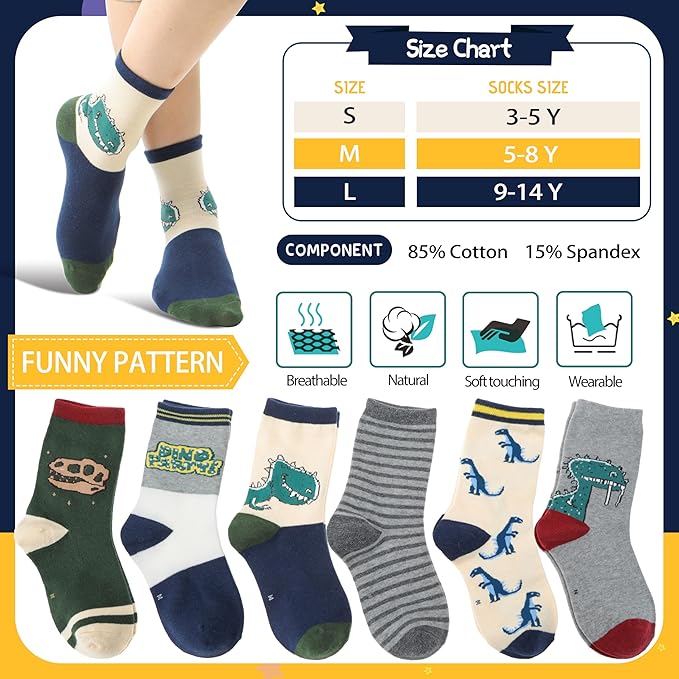 Anlisim 6 Pairs Boys Kids Socks Fun Crazy Funny Novelty Cartoon Space Rocket Dinosaur Crew Cotton Socks