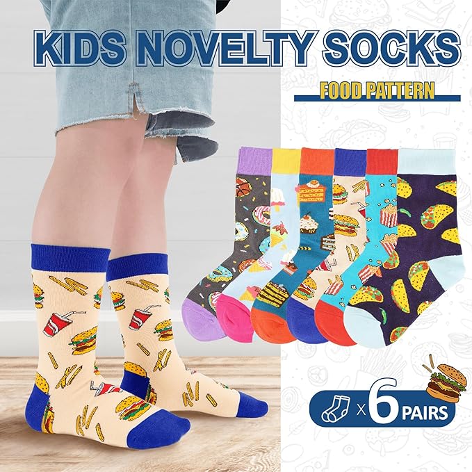 6 Pack Boys Girls Novelty Crew Socks + Gift Box, Funny Colorful Presents for 2-18 Years Old Kids Teens