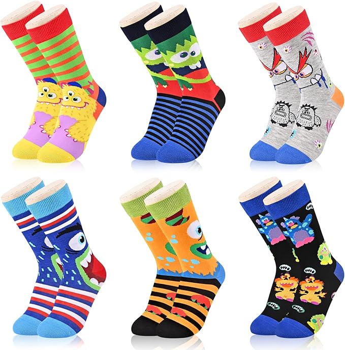 Kids Boys Girls Crew Socks 4-6 Pack + Gift Box, Novelty Funky Colorful Toddler Calf Socks for Teens
