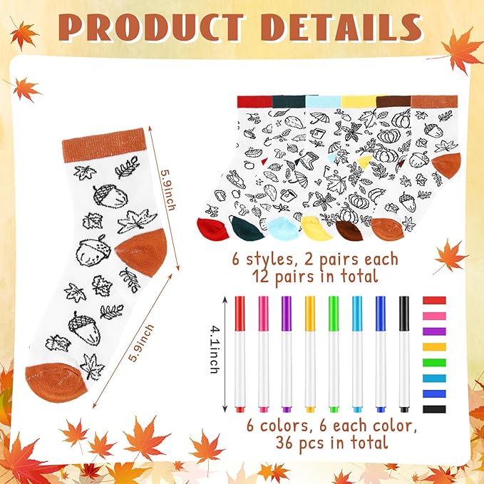 ShinyMarch 12 Pairs Kids Doodle Socks Color Your Own Socks DIY Kid Drawing Craft Arts with 48 Pcs Markers