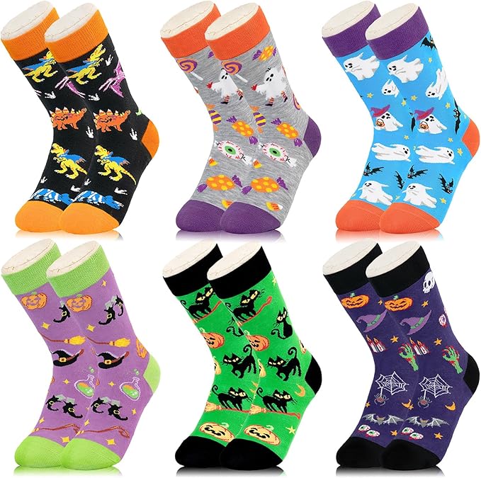 6 Pack Kids Halloween Socks, Novelty Horror Spooky Pumpkin Dinosaur Cat Witch Ghosts Stocking Gift for Boys Girls