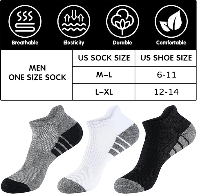 7 Pairs Mens 100% Cotton Cushioned Ankle Socks, Athletic Performance Running Moisture Wicking Breathable Low Cut Socks