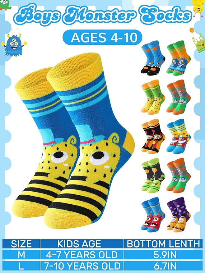 Jinei 10 Pairs Boys Socks with Monster Pattern Novelty Cartoon Socks Colorful Funny