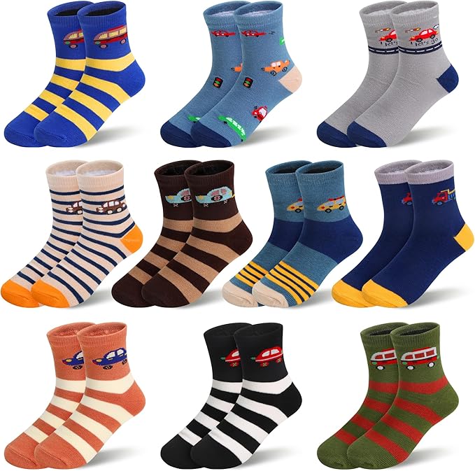 Padgene 10 Pairs Kids Boys Fun Novelty Socks Toddler None Slip Cotton Crew Dress Socks Cartoon Dinosaur Car Shark Stripes