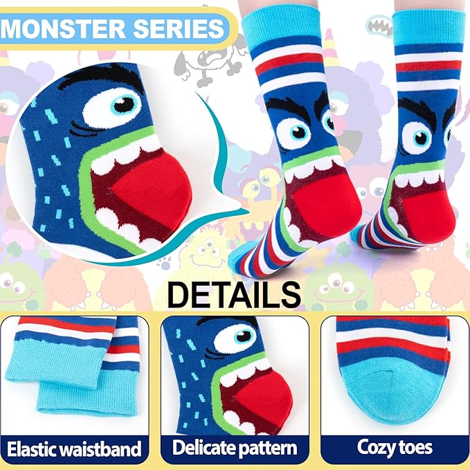 Kids Boys Girls Crew Socks 4-6 Pack + Gift Box, Novelty Funky Colorful Toddler Calf Socks for Teens
