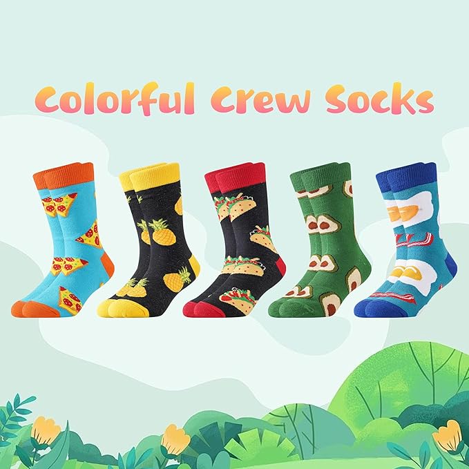 BONANGEL Boys Socks 5-8 Years Old, Fun Novelty Animal Food Space Crazy Funny Cute Kids Socks 8-10 10-12 Years 5 Pairs