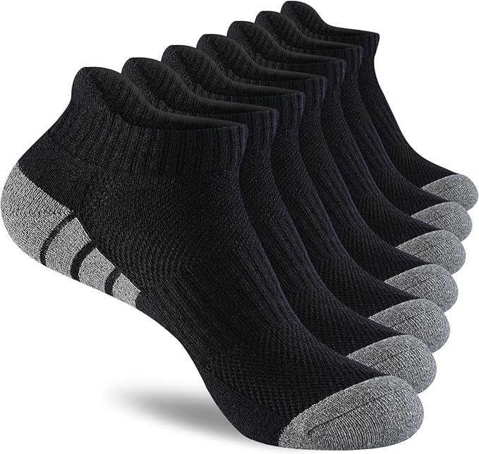 7 Pairs Mens 100% Cotton Cushioned Ankle Socks, Athletic Performance Running Moisture Wicking Breathable Low Cut Socks