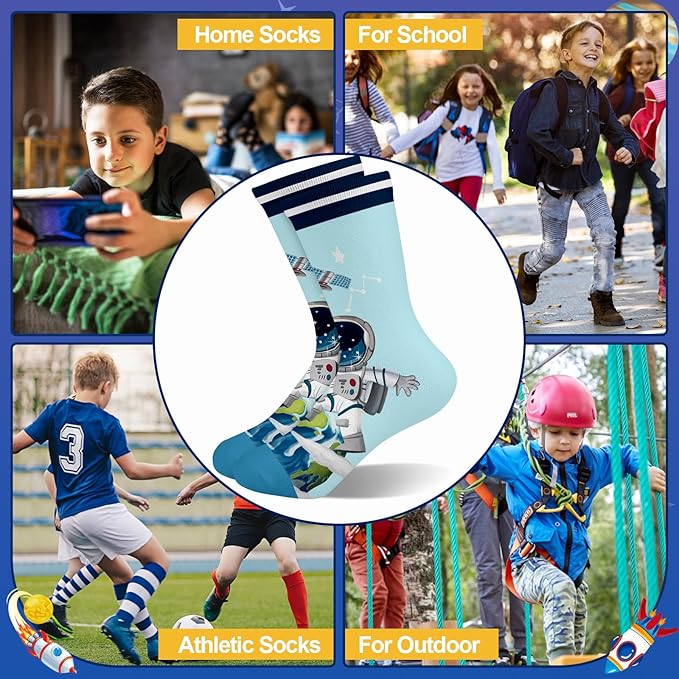 Queenshin Space Boys Socks 2-11 Years Old Crew 6 Pairs Sock for Kids Cartoon Fun Cute Novelty Birthday Christmas Gift