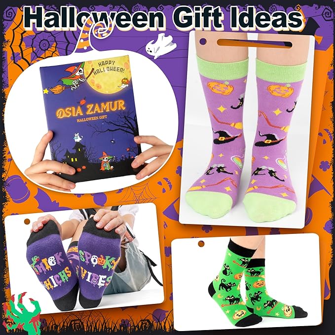 6 Pack Kids Halloween Socks, Novelty Horror Spooky Pumpkin Dinosaur Cat Witch Ghosts Stocking Gift for Boys Girls