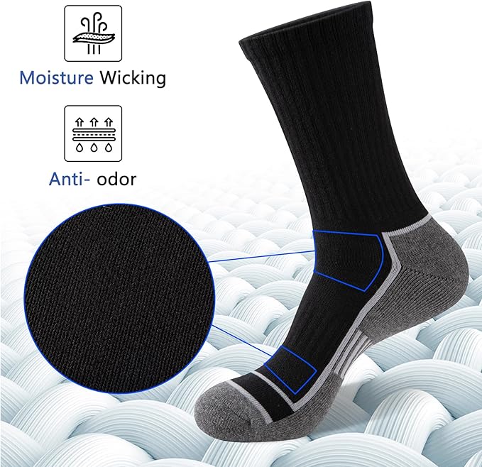 COOPLUS Mens Cotton Cushioned Crew Socks Athletic Running Moisture Wicking Performance Work Boot Socks for Men 6 Pairs