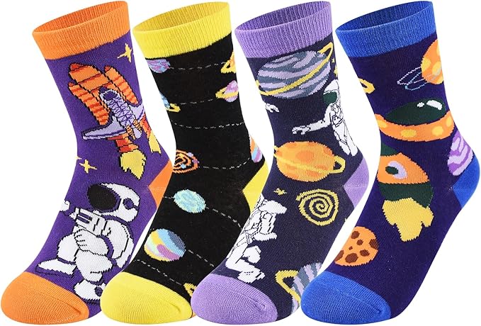 ALANGDUO Kids Boys Funny Crew Socks, 4 Pairs Crazy Novelty Space Socks for Boys Girls 5-8 Years Old, Cute Astronaut Planet Cotton Socks, Casual Dress Stockings, Kids Birthday Christmas Gift