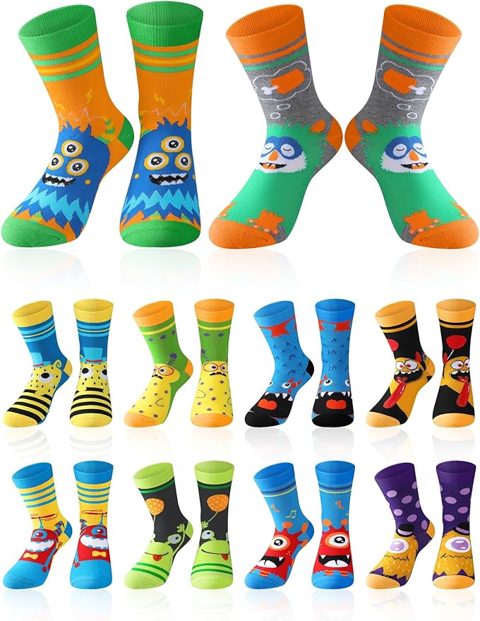 Jinei 10 Pairs Boys Socks with Monster Pattern Novelty Cartoon Socks Colorful Funny