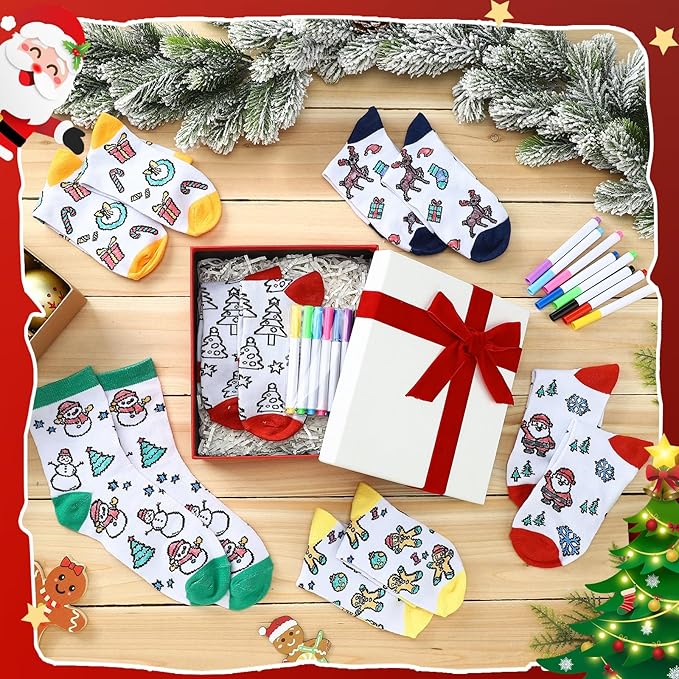 ShinyMarch 12 Pairs Kids Doodle Socks Color Your Own Socks DIY Kid Drawing Craft Arts with 48 Pcs Markers