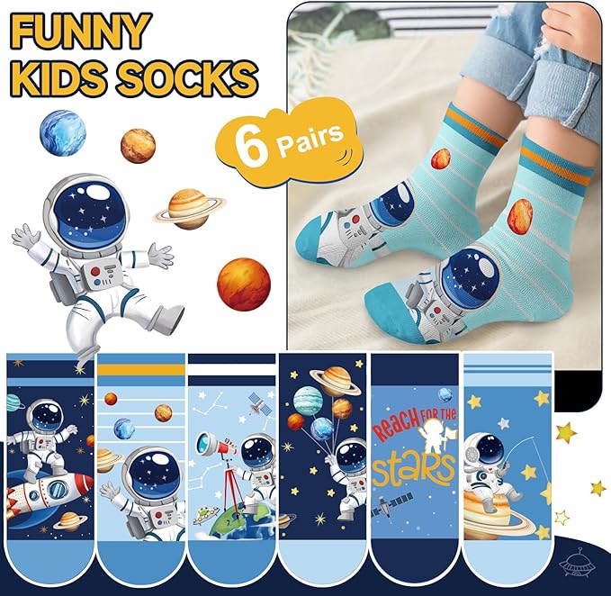 Queenshin Space Boys Socks 2-11 Years Old Crew 6 Pairs Sock for Kids Cartoon Fun Cute Novelty Birthday Christmas Gift