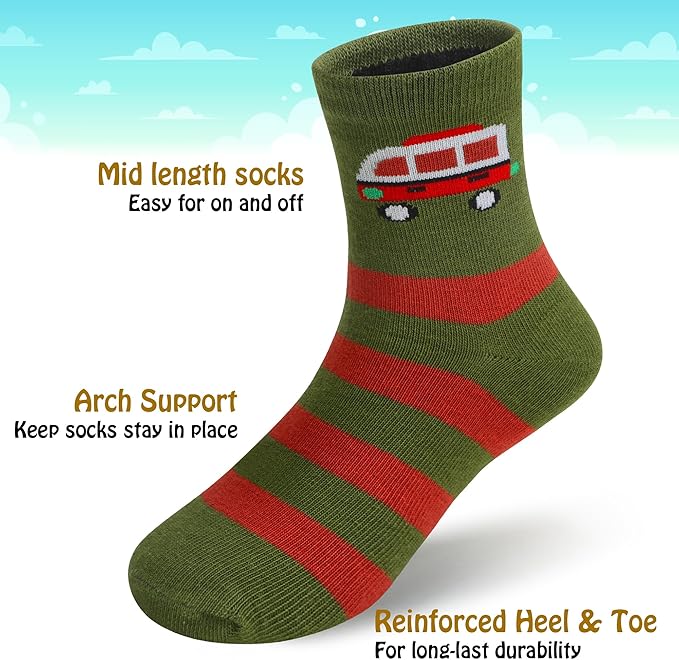 Padgene 10 Pairs Kids Boys Fun Novelty Socks Toddler None Slip Cotton Crew Dress Socks Cartoon Dinosaur Car Shark Stripes