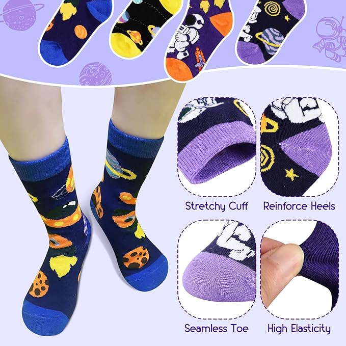 ALANGDUO Kids Boys Funny Crew Socks, 4 Pairs Crazy Novelty Space Socks for Boys Girls 5-8 Years Old, Cute Astronaut Planet Cotton Socks, Casual Dress Stockings, Kids Birthday Christmas Gift