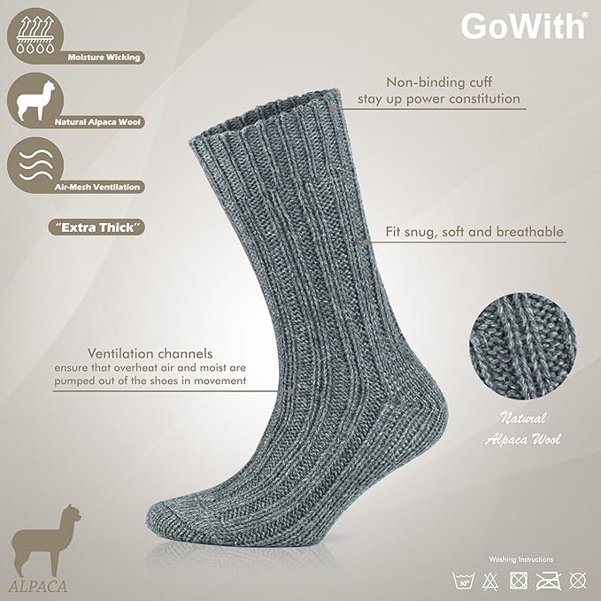 GoWith 2 Pairs Cozy Alpaca Wool Boot Socks for Men & Women, Extra Thick Loose-Fit Winter Socks