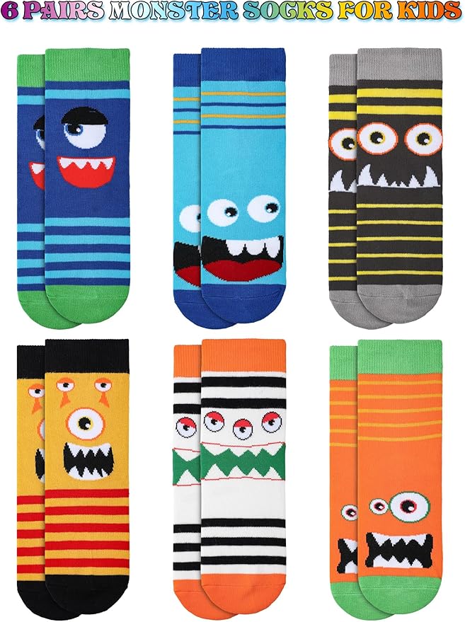Jinei 6 Pairs Boys Monster Pattern Socks Kids Toddler Funny Crazy Cotton Crew Socks Novelty Christmas Gift Party Favors