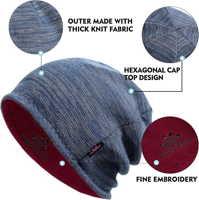 3 Pack Reversible Winter Fleece Lined Beanie Hats for Men Women Warm Windproof Cotton Stretchy Knitted Skull Caps