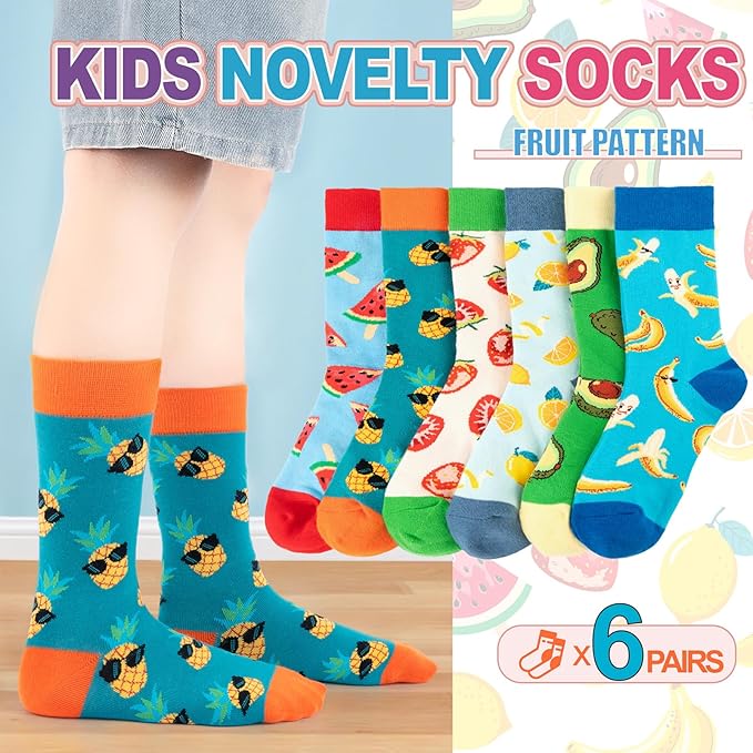6 Pack Boys Girls Novelty Crew Socks + Gift Box, Funny Colorful Presents for 2-18 Years Old Kids Teens