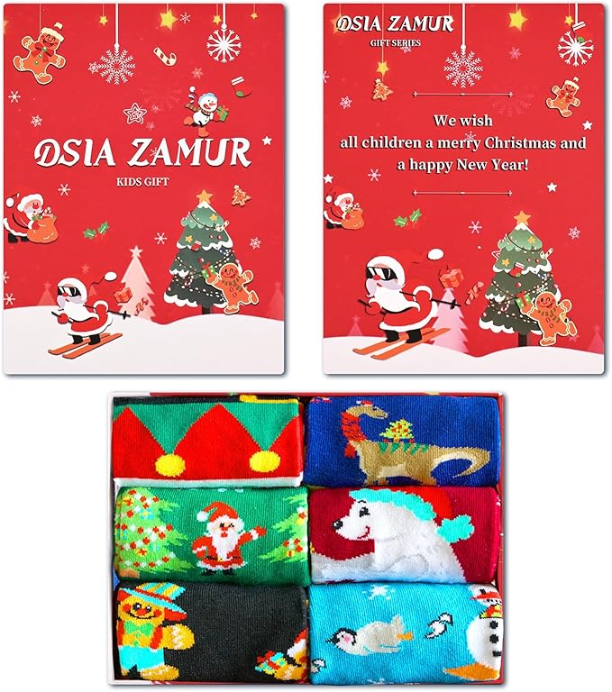 6 Pack Christmas Socks for Boys Girls + Gift Box, Kids Novelty Xmas Crew Stocking