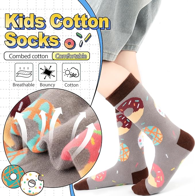 Kids Boys Girls Crew Socks 4-6 Pack + Gift Box, Novelty Funky Colorful Toddler Calf Socks for Teens