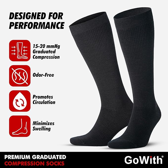 GoWith Unisex Black Merino Wool Graduated Compression Socks, 15-20 mmHg Thermal Travel Knee High Socks for Men & Women