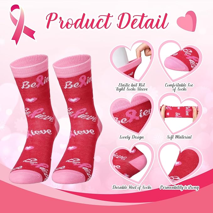 Shinymoon 12 Pairs Kids Breast Cancer Awareness Socks Pink Ribbon Crew Socks for Children Boys Girls Novelty Crazy Gifts