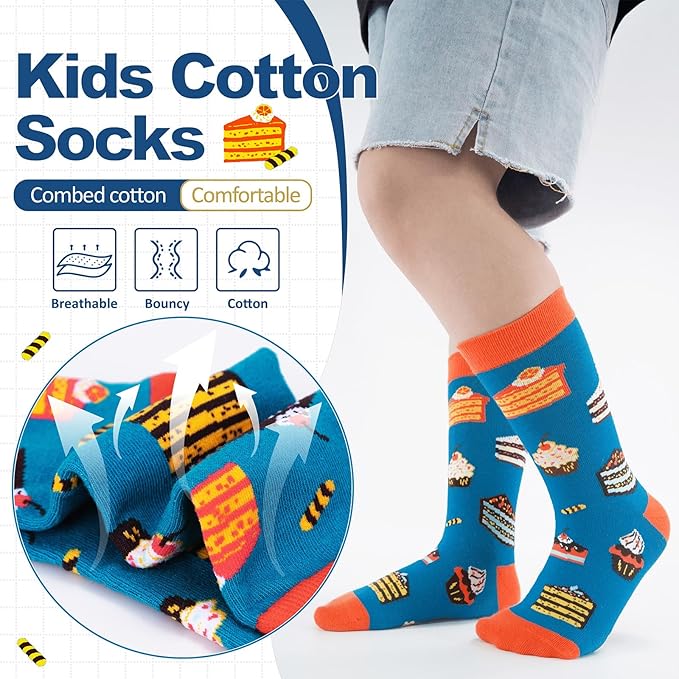 6 Pack Boys Girls Novelty Crew Socks + Gift Box, Funny Colorful Presents for 2-18 Years Old Kids Teens