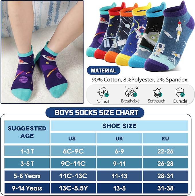 Kids Boys Ankle Socks No Show Low Cut Funny Cute Cartoon Novelty Cotton Socks 6 Pairs