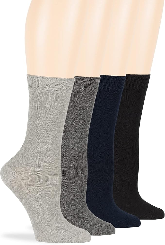 7BigStars Women's Cotton Dress Socks - 4 Pack L/M - Solid Assorted Crew Calf Black Brown Blue Grey Beige Khaki Olive Green