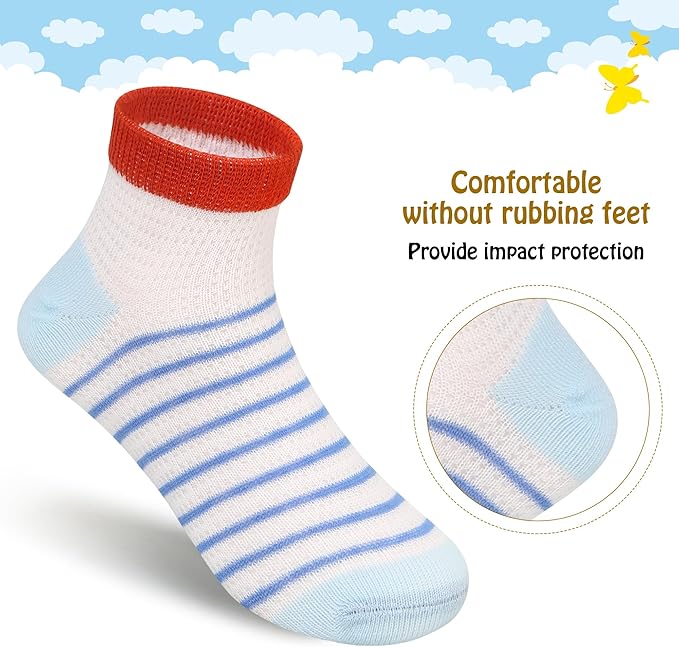 Padgene 10 Pairs Kids Boys Fun Novelty Socks Toddler None Slip Cotton Crew Dress Socks Cartoon Dinosaur Car Shark Stripes