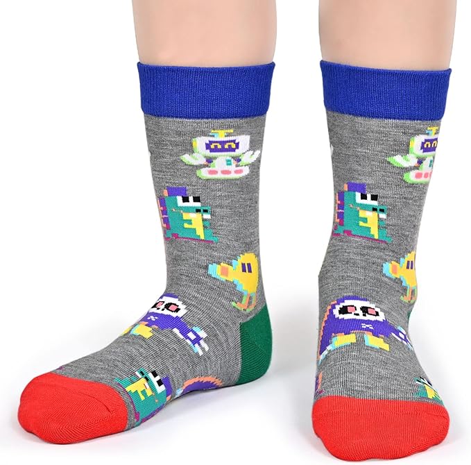 Kids Boys Girls Crew Socks 4-6 Pack + Gift Box, Novelty Funky Colorful Toddler Calf Socks for Teens