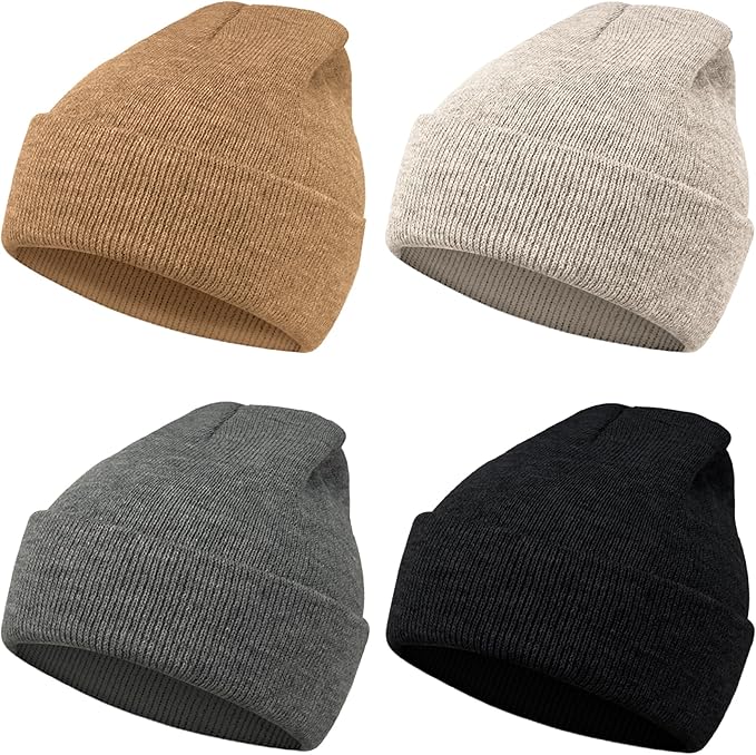 MENOLY 4 Pack Winter Beanies Stretch Knit Beanie Hat Cap for Girls Boys, 4 Color