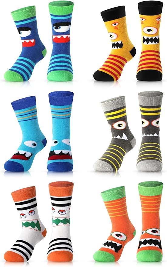 Jinei 6 Pairs Boys Monster Pattern Socks Kids Toddler Funny Crazy Cotton Crew Socks Novelty Christmas Gift Party Favors