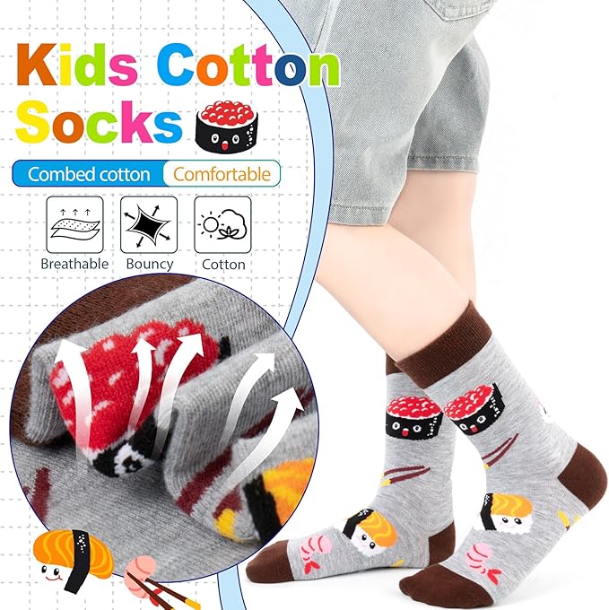 Kids Boys Girls Crew Socks 4-6 Pack + Gift Box, Novelty Funky Colorful Toddler Calf Socks for Teens