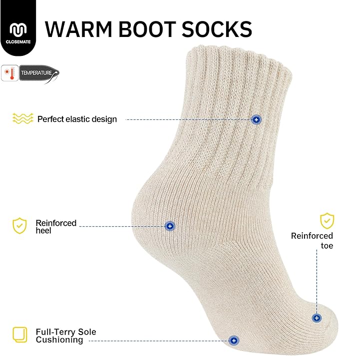 CLOSEMATE Womens Thick Full Cushioned Thermal Warm Boot Socks for Winter 3 Pairs