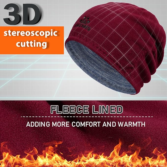 3 Pack Reversible Winter Fleece Lined Beanie Hats for Men Women Warm Windproof Cotton Stretchy Knitted Skull Caps
