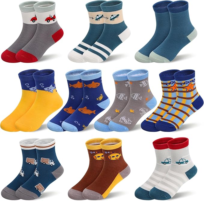 Padgene 10 Pairs Kids Boys Fun Novelty Socks Toddler None Slip Cotton Crew Dress Socks Cartoon Dinosaur Car Shark Stripes