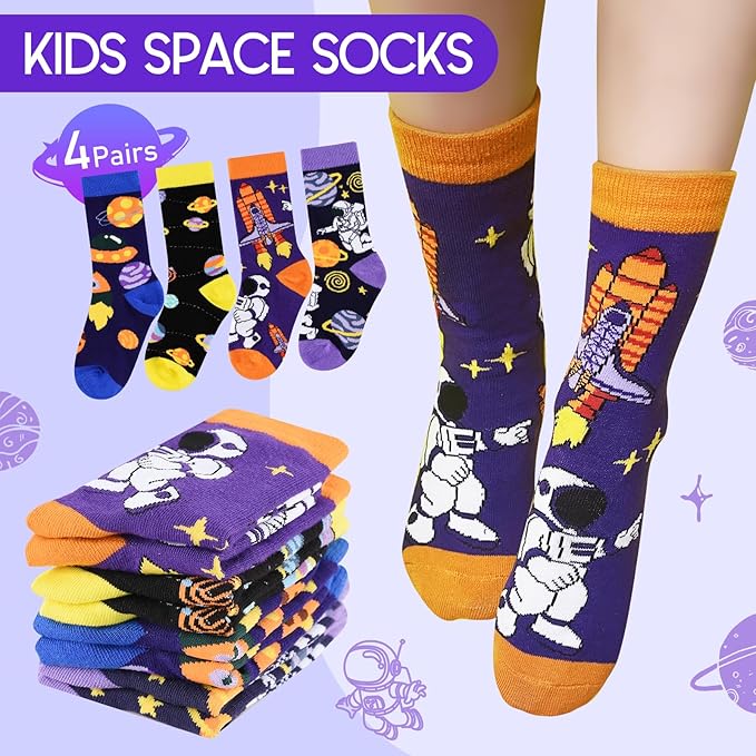 ALANGDUO Kids Boys Funny Crew Socks, 4 Pairs Crazy Novelty Space Socks for Boys Girls 5-8 Years Old, Cute Astronaut Planet Cotton Socks, Casual Dress Stockings, Kids Birthday Christmas Gift