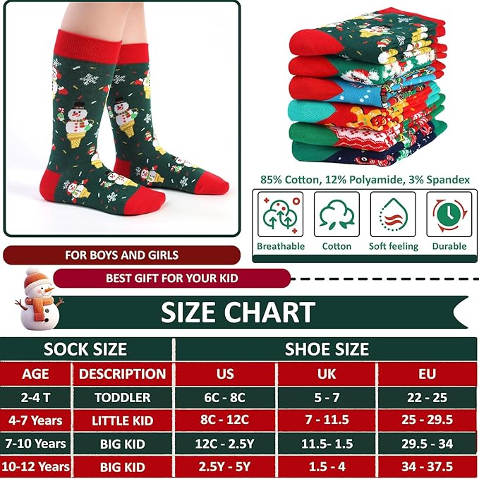 6 Pack Christmas Socks for Boys Girls + Gift Box, Kids Novelty Xmas Crew Stocking