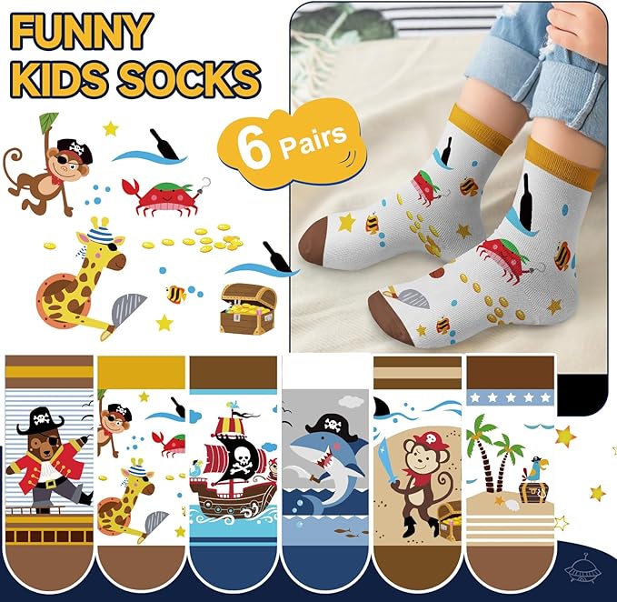 Queenshin Pirate little Boys Crew Socks 2-11 Years Old 6 Pairs Crazy Novelty Cartoon Socks Birthday Christmas Gift