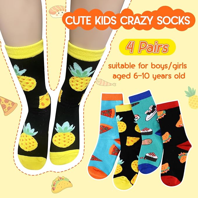 ALANGDUO Funny Crazy Food Socks for Kids, Funky Novelty Crew Socks for Boys Girls 6-10 Years Old, Silly Sushi Pizza Cartoon Cotton Socks, Fun Boys Dress Socks-4 Pairs Birthday Christmas Wacky Gift