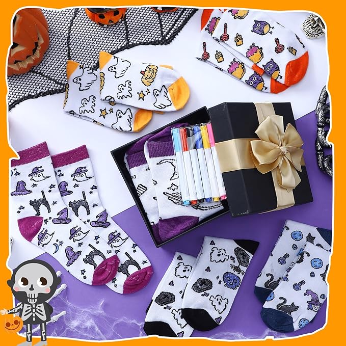 ShinyMarch 12 Pairs Kids Doodle Socks Color Your Own Socks DIY Kid Drawing Craft Arts with 48 Pcs Markers