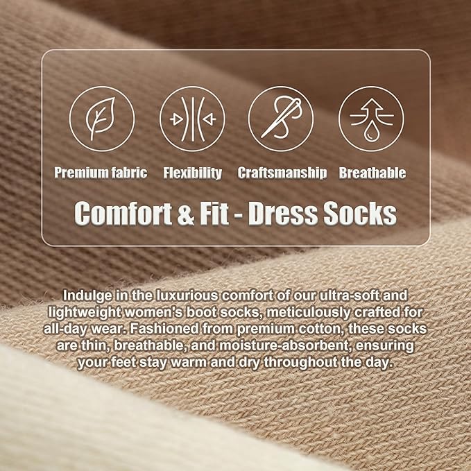 Thin Crew Socks for Women, Ladies Soft Cotton High Calf Boot Sock for Trouser, Dress, Business