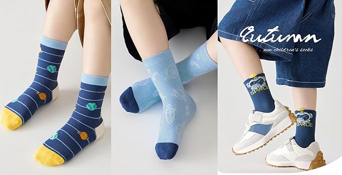 Padgene 10 Pairs Kids Boys Fun Novelty Socks Toddler None Slip Cotton Crew Dress Socks Cartoon Dinosaur Car Shark Stripes